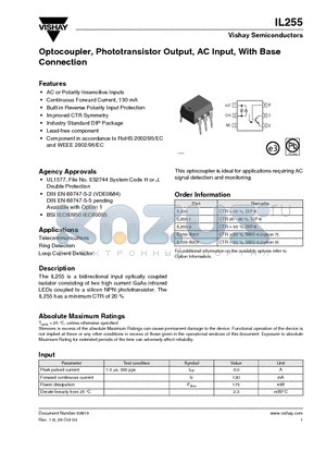 IL255-1 datasheet - Optocoupler, Phototransistor Output, AC Inout, With Base Connection