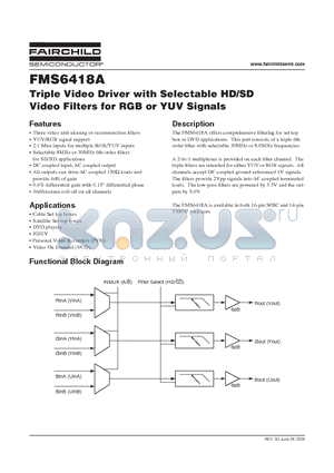 FMS6418 datasheet - Triple Video Driver with Selectable HD/SD Video Filters for RGB or YUV Signals