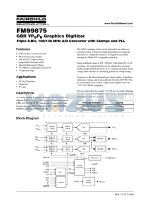 FMS9875KAC100 datasheet - Triple 8-Bit, 108/140 MHz A/D Converter with Clamps and PLL