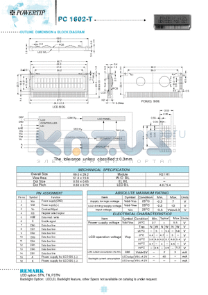 PC1602-T datasheet - OUTLINE DIMENSION & BLOCK DIAGRAM