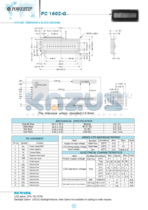 PC1602-G datasheet - POWERTIP DISPL DEVICES FOR BET