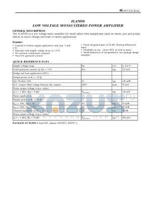 ILA7050 datasheet - LOW VOLTAGE MONO/STEREO POWER AMPLIFIER