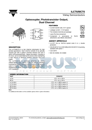 ILCT6 datasheet - Optocoupler, Phototransistor Output, Dual Channel