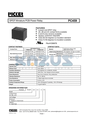 PC459 datasheet - DPDT Miniature PCB Power Relay