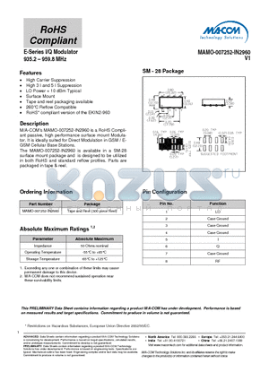 MAMO-007252-IN2960 datasheet - E-Series I/Q Modulator 935.2 - 959.8 MHz