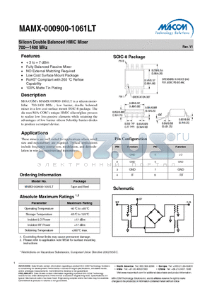 MAMX-000900-1061LT datasheet - Silicon Double Balanced HMIC Mixer 700-1400 MHz