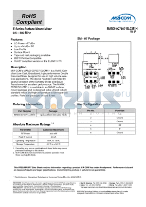 MAMX-007607-ELCM1H datasheet - E-Series Surface Mount Mixer 0.5 - 500 MHz