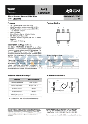 MAMX-000240-1225MT datasheet - Silicon Doubled Balanced HMIC Mixer 1700 - 2500 MHz