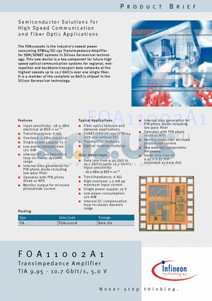 FOA11002A1 datasheet - Semiconductor Solutions for High Speed Communi cation and Fiber Optic Applications