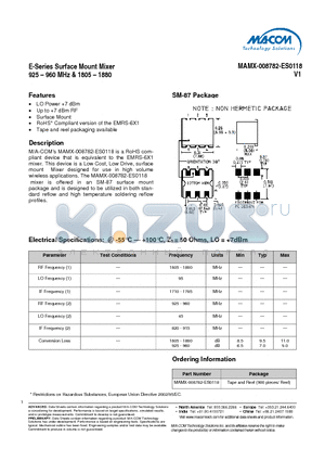 MAMX-008782-ES0118 datasheet - E-Series Surface Mount Mixer 925 - 960 MHz & 1805 - 1880