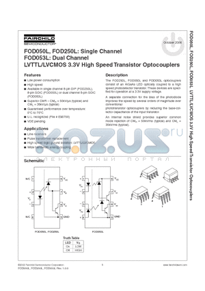 FOD050L datasheet - LVTTL/LVCMOS 3.3V High Speed Transistor Optocouplers