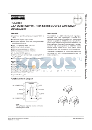 FOD3181T datasheet - 0.5A Ouput Current, High Speed MOSFET Gate Driver Optocoupler