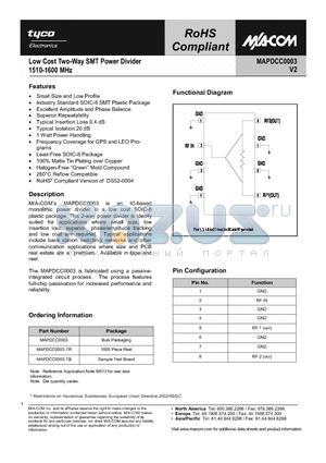 MAPDCC0003 datasheet - Low Cost Two-Way SMT Power Divider 1510-1600 MHz