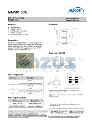 MAPDCT0030 datasheet - 2 Way 0j Power Divider 5 to 1000 MHz