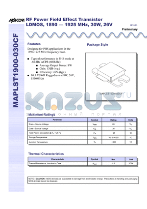 MAPLST1900-030CF datasheet - RF Power Field Effect Transistor LDMOS, 1890 - 1925 MHz, 30W, 26V