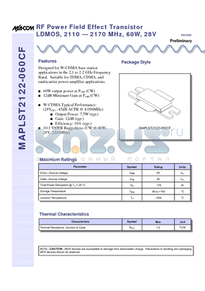 MAPLST2122-060CF datasheet - RF Power Field Effect Transistor LDMOS, 2110 - 2170 MHz, 60W, 28V