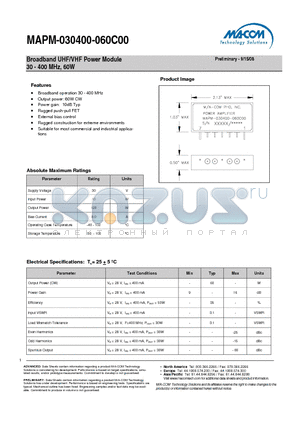 MAPM-030400-060C00 datasheet - Broadband UHF/VHF Power Module