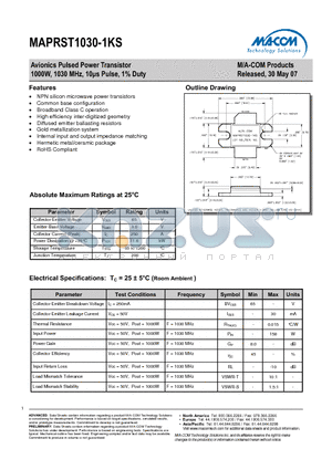 MAPRST1030-1KS datasheet - Avionics Pulsed Power Transistor 1000W, 1030 MHz, 10ls Pulse, 1% Duty