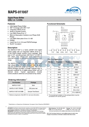 MAPS-011007 datasheet - Digital Phase Shifter 6-Bit, 1.2 - 1.4 GHz