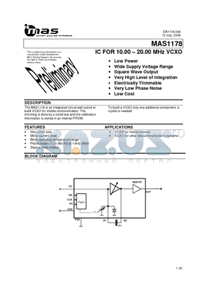 MAS1178 datasheet - IC FOR 10.00 - 20.00 MHz VCXO