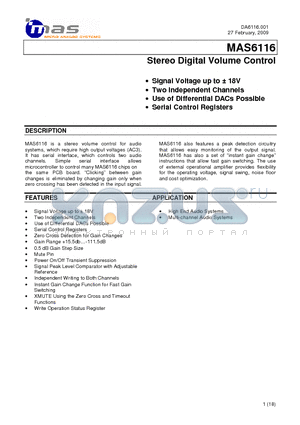 MAS6116AA1SA306 datasheet - Stereo Digital Volume Control