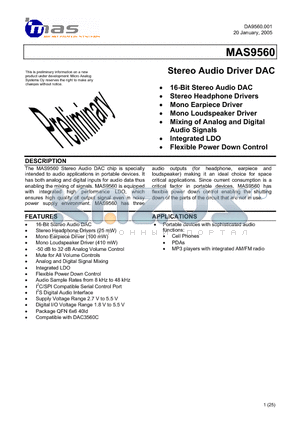 MAS9560A1 datasheet - Stereo Audio Driver DAC