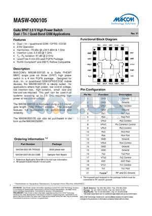 MASW-000105 datasheet - GaAs SP6T 2.5 V High Power Switch Dual- / Tri- / Quad-Band GSM Applications