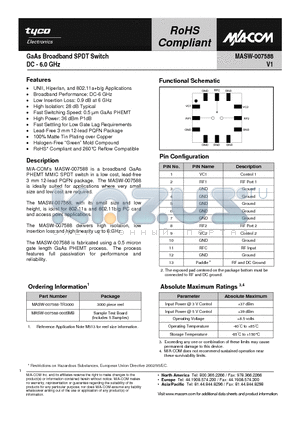 MASW-007588-000SMB datasheet - GaAs Broadband SPDT Switch DC - 6.0 GHz