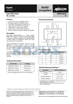 MASW-008075-TR3000 datasheet - GaAs SPDT Switch DC - 3.0 GHz