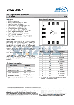 MASW-008177-000000 datasheet - SPST High Isolation CATV Switch 5 - 1000 MHz