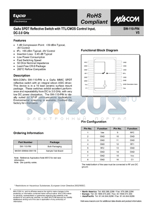 MASW-008844-0001TB datasheet - GaAs SPDT Reflective Switch with TTL/CMOS Control Input, DC - 3.0 GHz