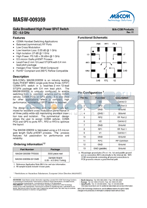 MASW-009359 datasheet - GaAs Broadband High Power SP3T Switch DC - 4.0 GHz
