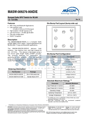 MASW-009276-000D3K datasheet - Bumped GaAs SP3T Switch for WLAN