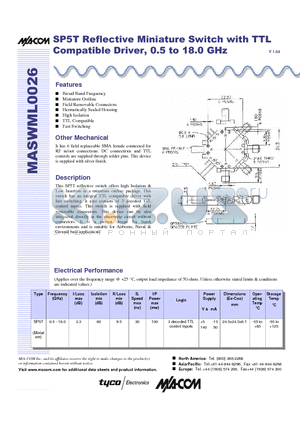 MASWML026 datasheet - SP5T Reflective Miniature Switch with TTL Compatible Driver, 0.5 to 18.0 GHz