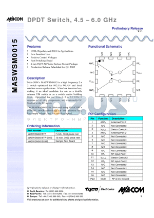 MASWSM0015TR-3000 datasheet - DPDT Switch, 4.5 - 6.0 GHz