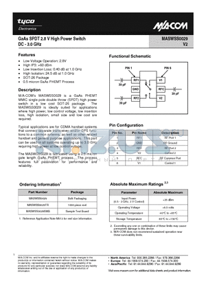 MASWSS0029 datasheet - GaAs SPDT 2.8 V High Power Switch DC - 3.0 GHz