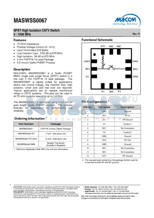 MASWSS0067 datasheet - SPST High Isolation CATV Switch 5 - 1000 MHz