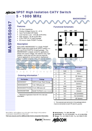 MASWSS0067TR-3000 datasheet - SPST High Isolation CATV Switch 5 - 1000 MHz