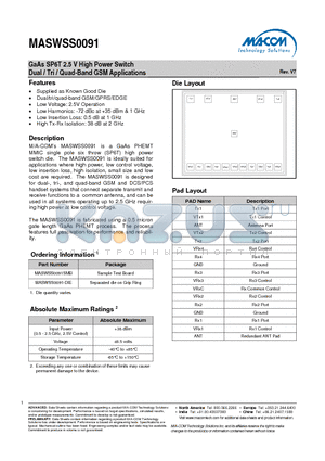 MASWSS0091SMB datasheet - GaAs SP6T 2.5 V High Power Switch Dual / Tri / Quad-Band GSM Applications