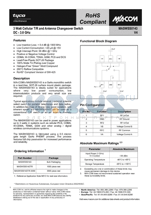 MASWSS0143 datasheet - 3 Watt Cellular T/R and Antenna Changeover Switch DC - 3.0 GHz