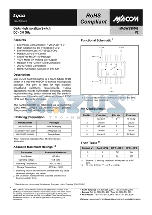 MASWSS0169 datasheet - GaAs High Isolation Switch DC - 3.0 GHz