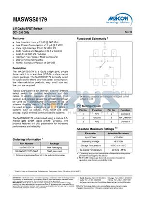 MASWSS0179TR-3000 datasheet - 3 V GaAs SPDT Switch
