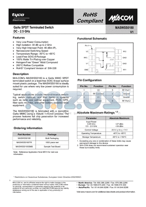 MASWSS0180SMB datasheet - GaAs SPDT Terminated Switch DC - 2.5 GHz