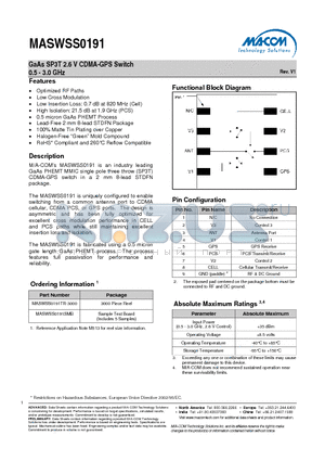 MASWSS0191TR-3000 datasheet - GaAs SP3T 2.6 V CDMA-GPS Switch 0.5 - 3.0 GHz