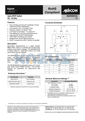 MASWSS0192 datasheet - GaAs SPDT Switch DC - 3.0 GHz