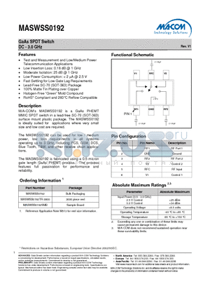 MASWSS0192TR-3000 datasheet - GaAs SPDT Switch DC - 3.0 GHz