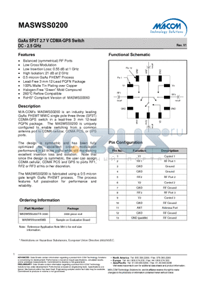 MASWSS0200 datasheet - GaAs SP3T 2.7 V CDMA-GPS Switch DC - 2.5 GHz