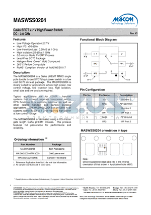 MASWSS0204SMB datasheet - GaAs SPDT 2.7 V High Power Switch