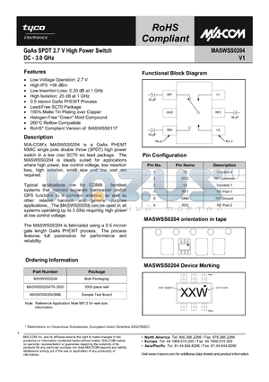 MASWSS0204TR-3000 datasheet - GaAs SPDT 2.7 V High Power Switch DC - 3.0 GHz