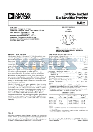 MAT02AH datasheet - Low Noise, Matched Dual Monolithic Transistor